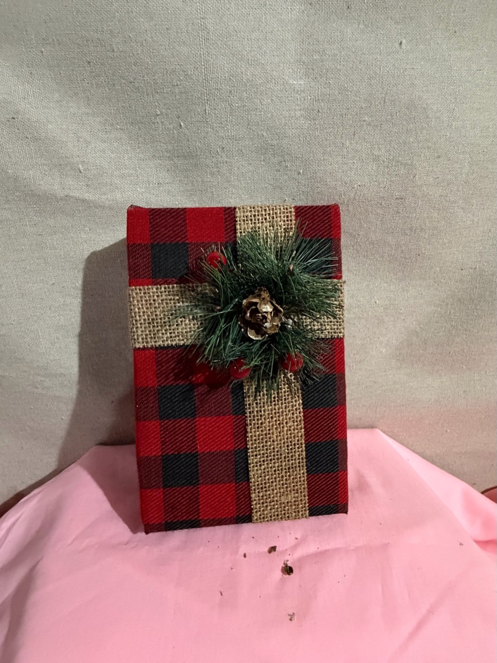 Buffalo Plaid Red Holiday Gift Box with Burlap Pinecone Accent